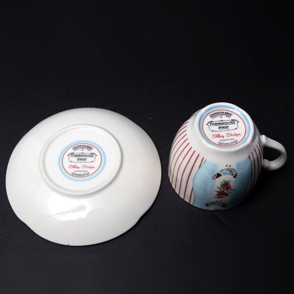 Johnson Brothers England Tea Cup Saucer Farmhouse Chic Silky Stripe Rooster Blue - Picture 5 of 7